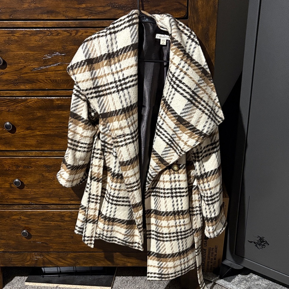 Coldwater Creek Checkered Trench Coat - Cream and Brown